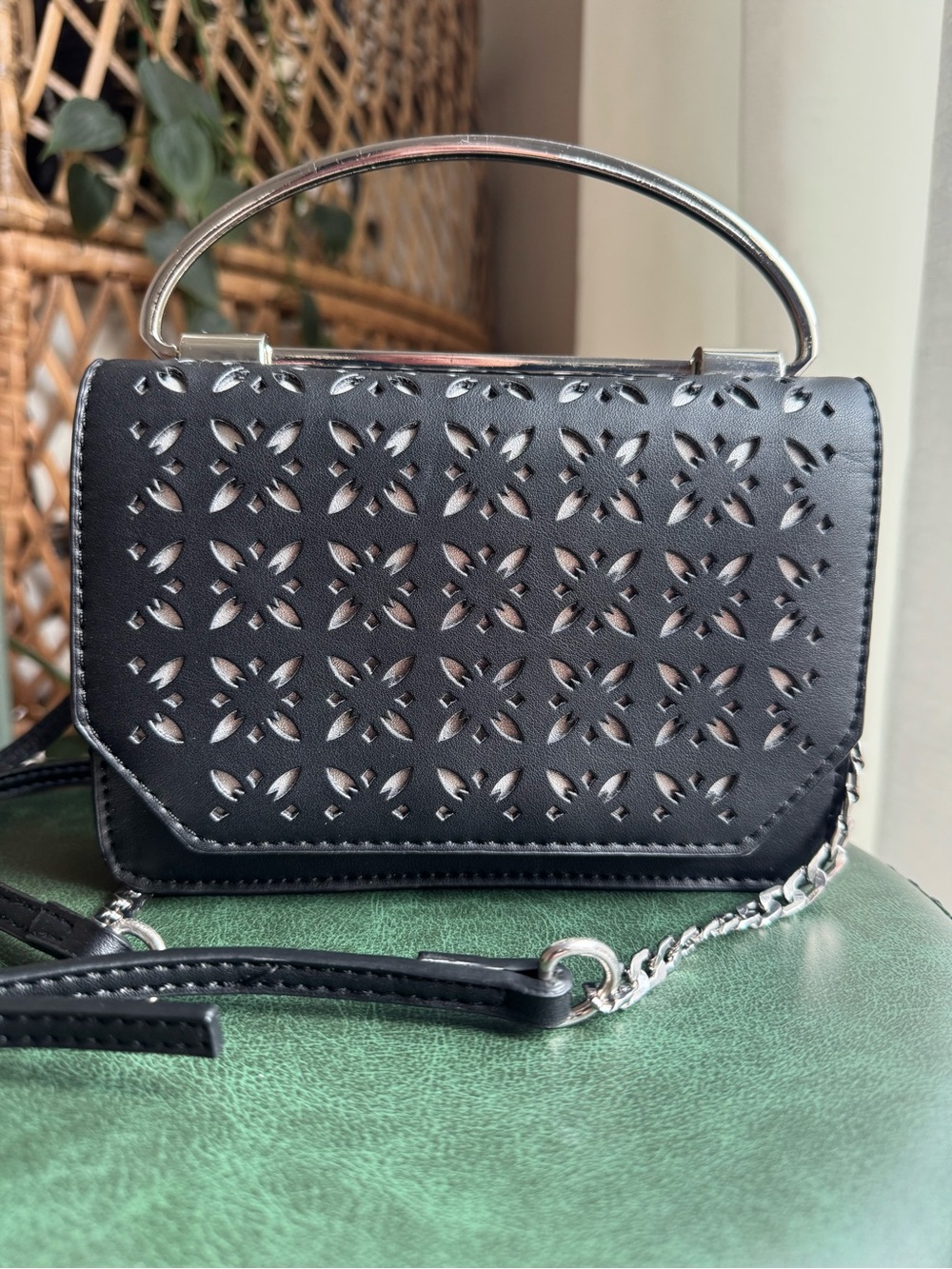 BCBGeneration Black Laser-Cut Crossbody/ Clutch with Silver Handle & Chain
